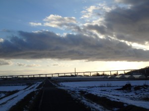 長い高速道路の高架が 夕日に映える
